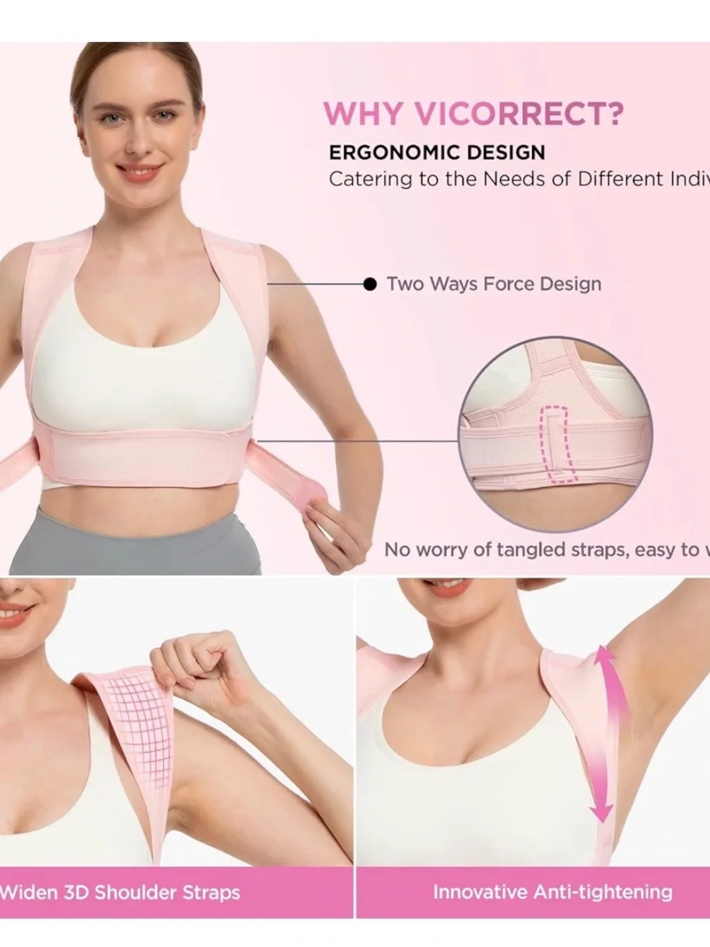 Never Used Vicorrect Pink Posture Corrector Back Brace Adjustable S/M